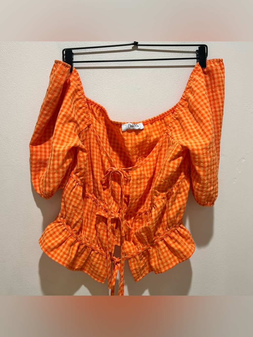 Louna Orange Gingham Plaid Open Tie Front Puffy Sleeve Knit Top - Women’s Medium